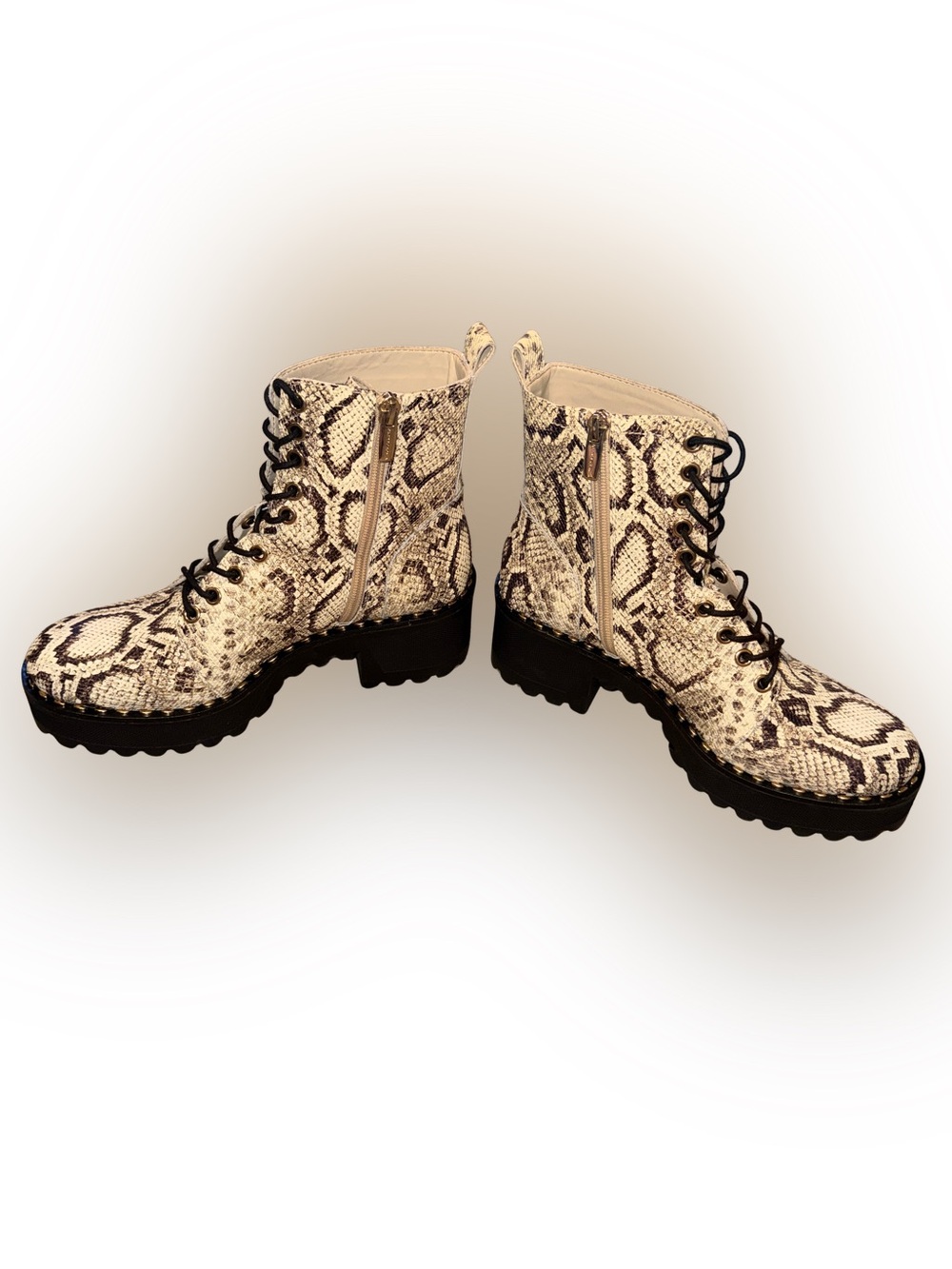 Vince Camuto Mecale Leather Snake Pattern Combat Boots Chunky Lug Sole UNWORN